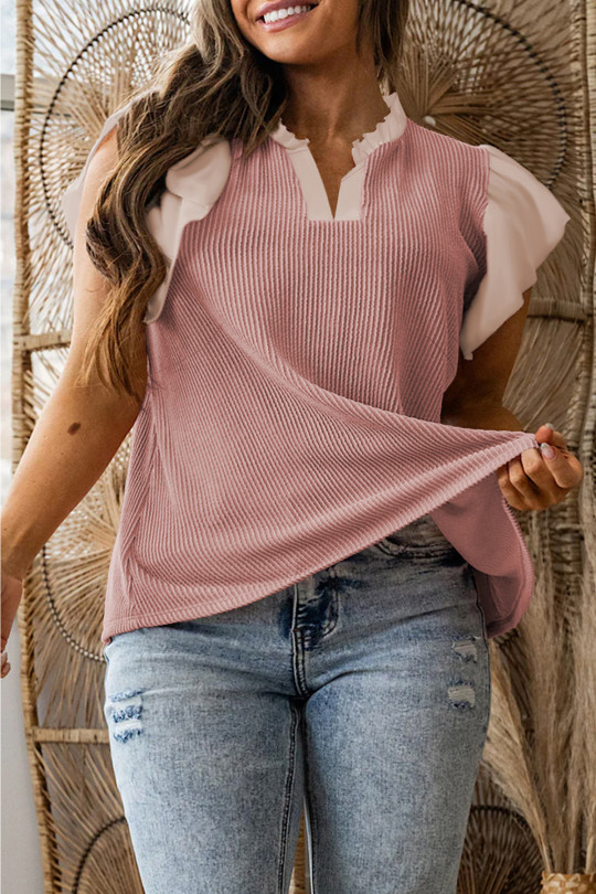 Plus Size Fushia  Contrast Frilled Neckline Ruffled Short Sleeve Ribbed Textured Blouse