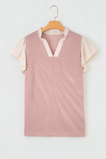 Plus Size Fushia  Contrast Frilled Neckline Ruffled Short Sleeve Ribbed Textured Blouse