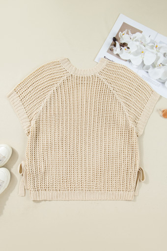 Plus Size Apricot  Open Knit Bow Tie Short Sleeve Sweater