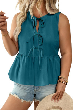 Plus Size Blue Sapphire  Solid Color Bow Tie Peplum Tank Top