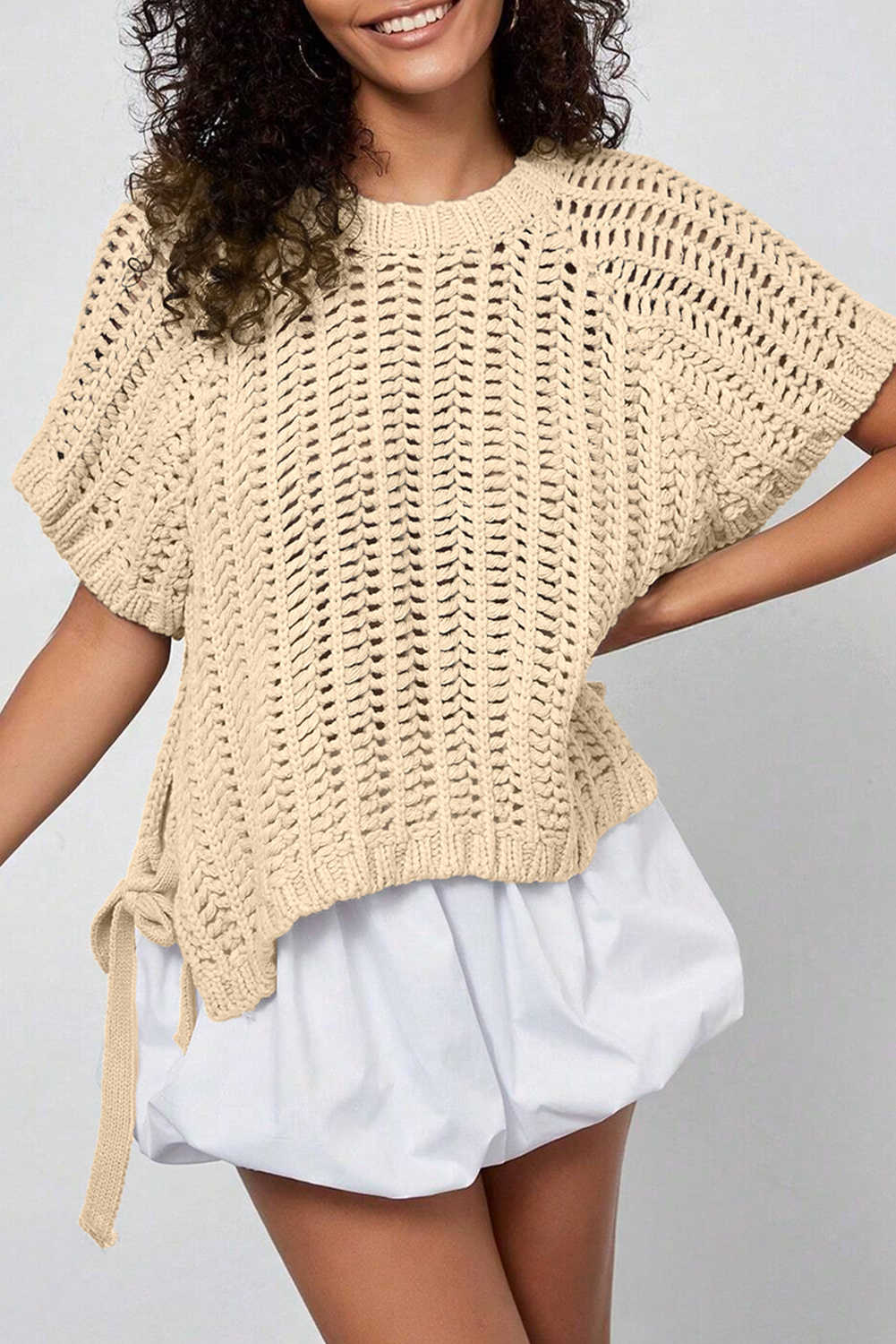 Plus Size Apricot  Open Knit Bow Tie Short Sleeve Sweater