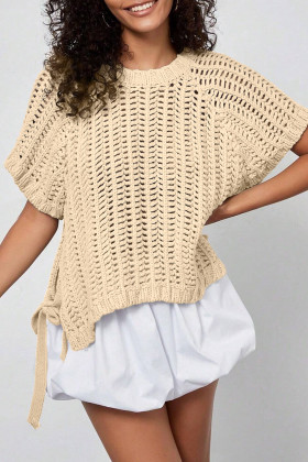 Plus Size Apricot  Open Knit Bow Tie Short Sleeve Sweater