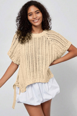 Plus Size Apricot  Open Knit Bow Tie Short Sleeve Sweater