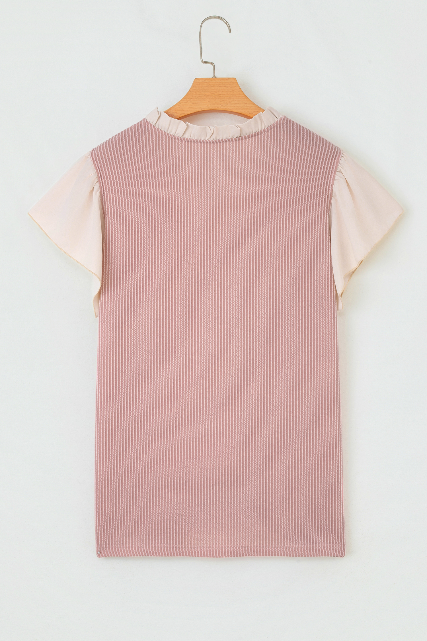 Plus Size Fushia  Contrast Frilled Neckline Ruffled Short Sleeve Ribbed Textured Blouse