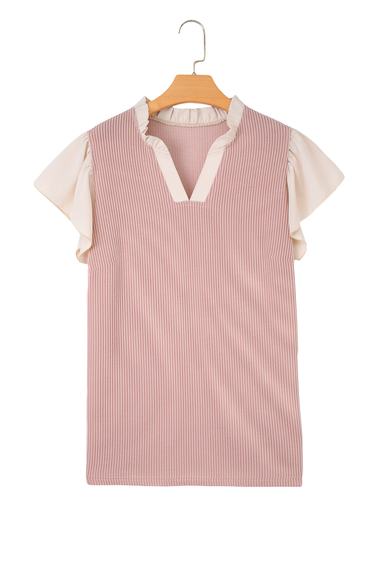 Plus Size Fushia  Contrast Frilled Neckline Ruffled Short Sleeve Ribbed Textured Blouse