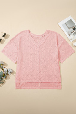 Plus Size Light Pink Pointelle Rhombus Knit  V Neck Loose Top