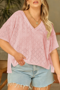 Plus Size Light Pink Pointelle Rhombus Knit  V Neck Loose Top
