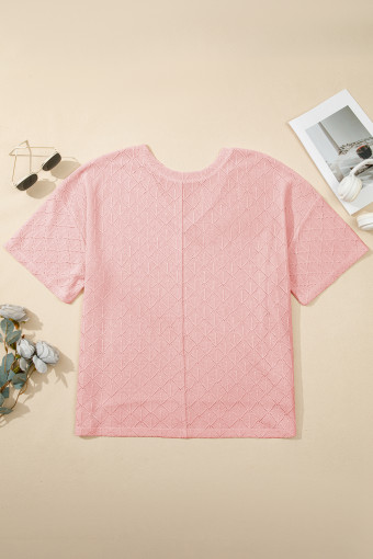 Plus Size Light Pink Pointelle Rhombus Knit  V Neck Loose Top