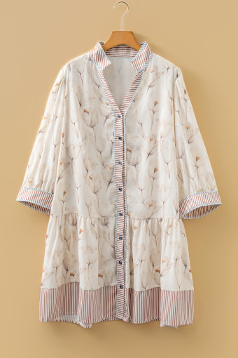Plus Size Khaki  Floral Print Striped Trim Patchwork Button Down A-line Dress