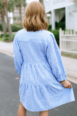 Sky Blue Stripe Seersucker Textured Notched Neck Long Puff Sleeve Tiered Curvy Dress