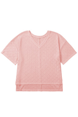 Plus Size Light Pink Pointelle Rhombus Knit  V Neck Loose Top