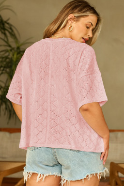 Plus Size Light Pink Pointelle Rhombus Knit  V Neck Loose Top