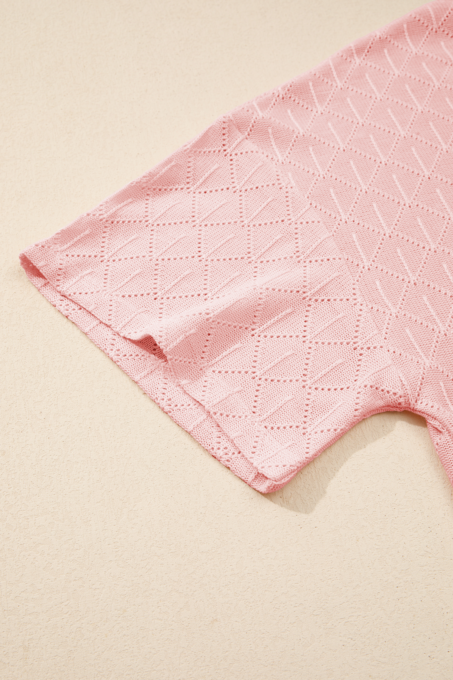 Plus Size Light Pink Pointelle Rhombus Knit  V Neck Loose Top