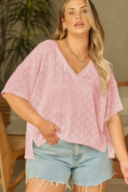 Plus Size Light Pink Pointelle Rhombus Knit  V Neck Loose Top