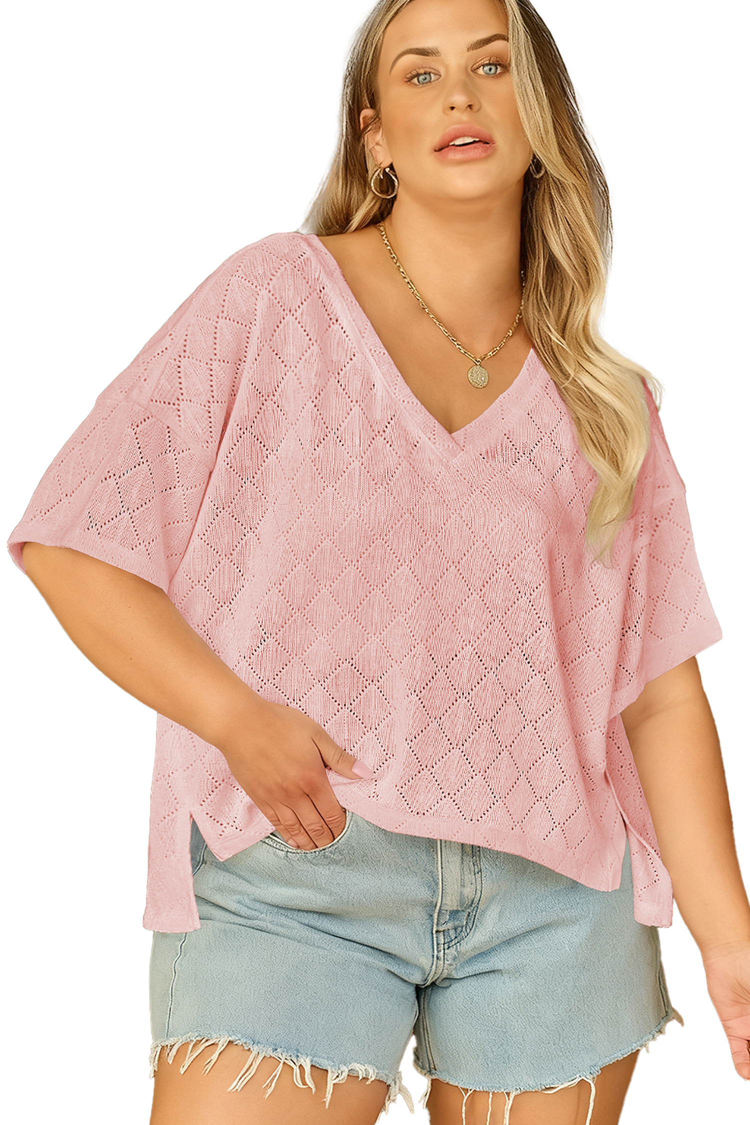 Plus Size Light Pink Pointelle Rhombus Knit  V Neck Loose Top