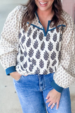 Plus Size White  Boho Floral Print Contrast Trim Split Neck Puff Sleeve Patchwork Blouse