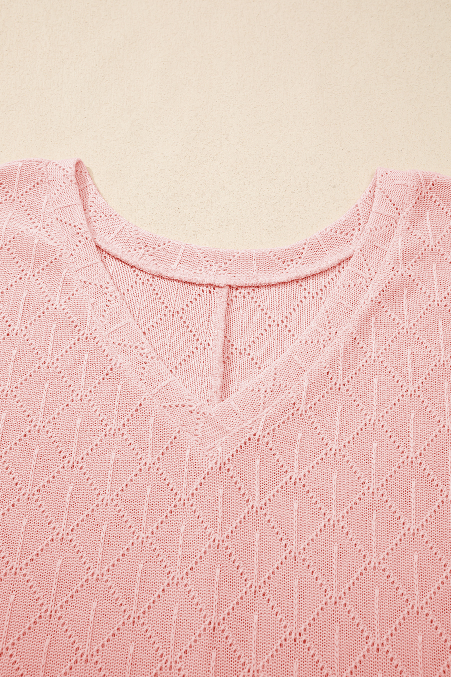 Plus Size Light Pink Pointelle Rhombus Knit  V Neck Loose Top