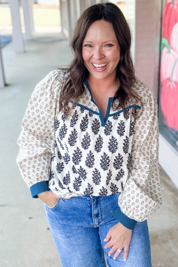 Plus Size White  Boho Floral Print Contrast Trim Split Neck Puff Sleeve Patchwork Blouse