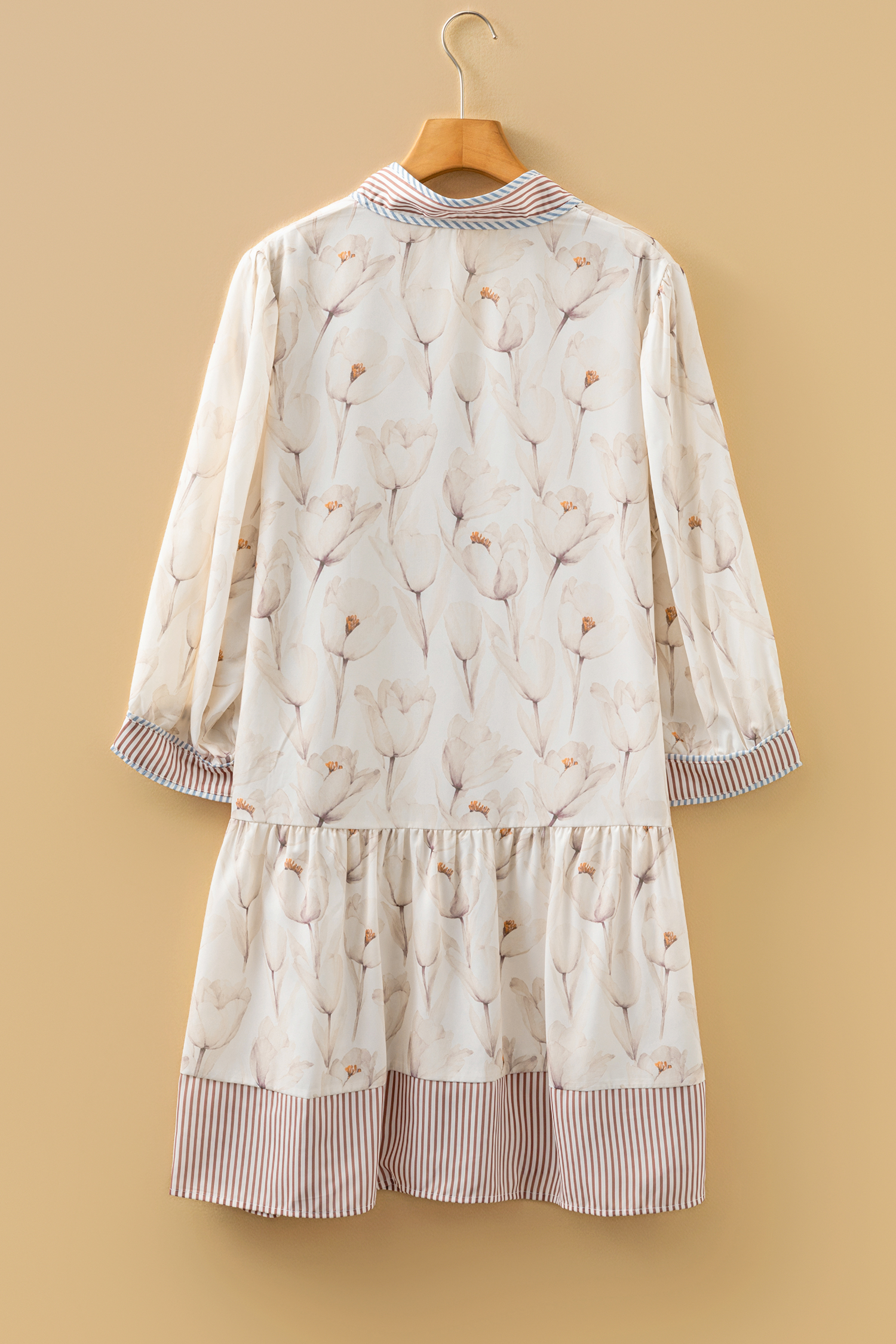Plus Size Khaki  Floral Print Striped Trim Patchwork Button Down A-line Dress