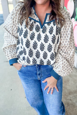 Plus Size White  Boho Floral Print Contrast Trim Split Neck Puff Sleeve Patchwork Blouse