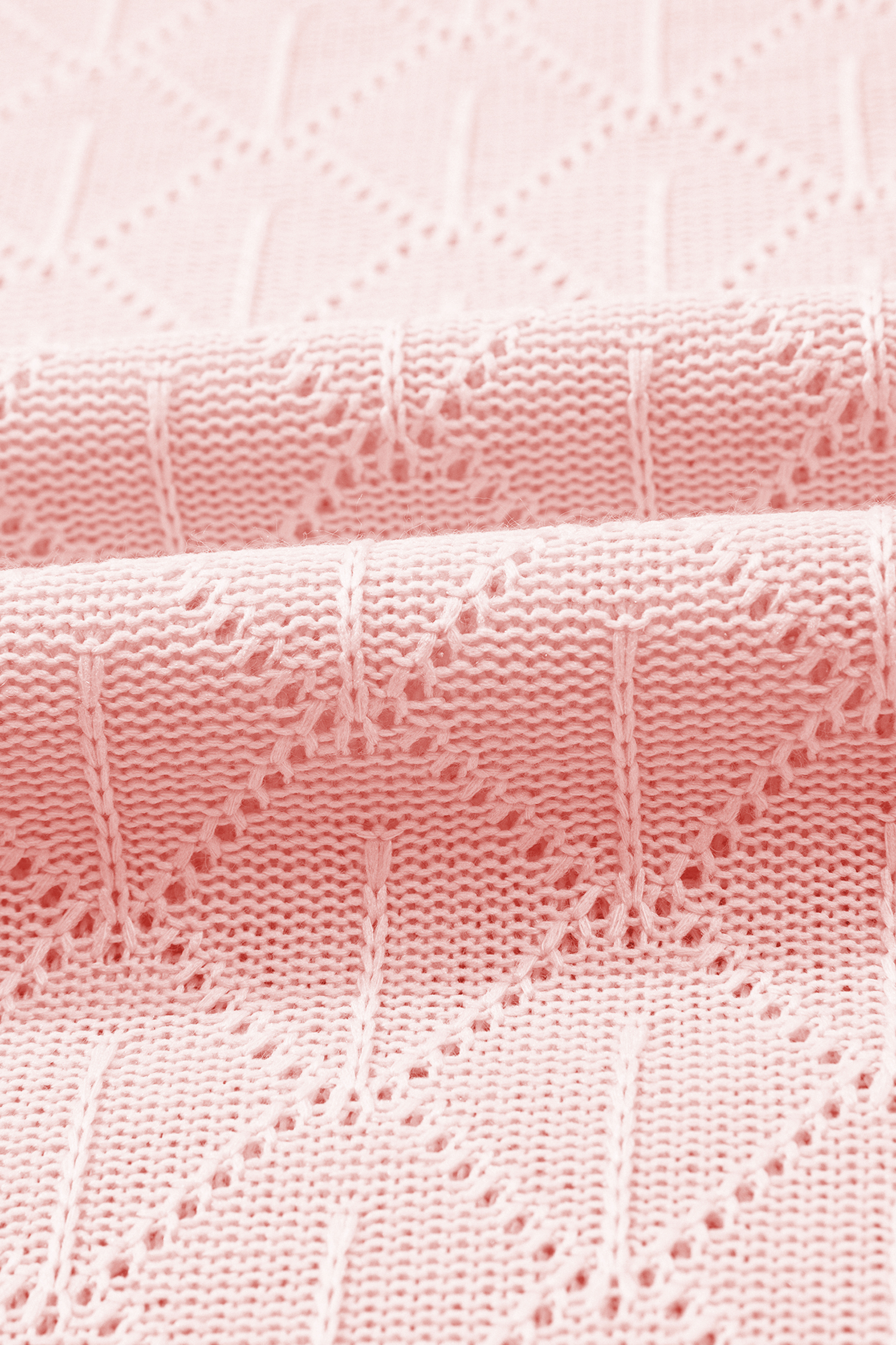 Plus Size Light Pink Pointelle Rhombus Knit  V Neck Loose Top