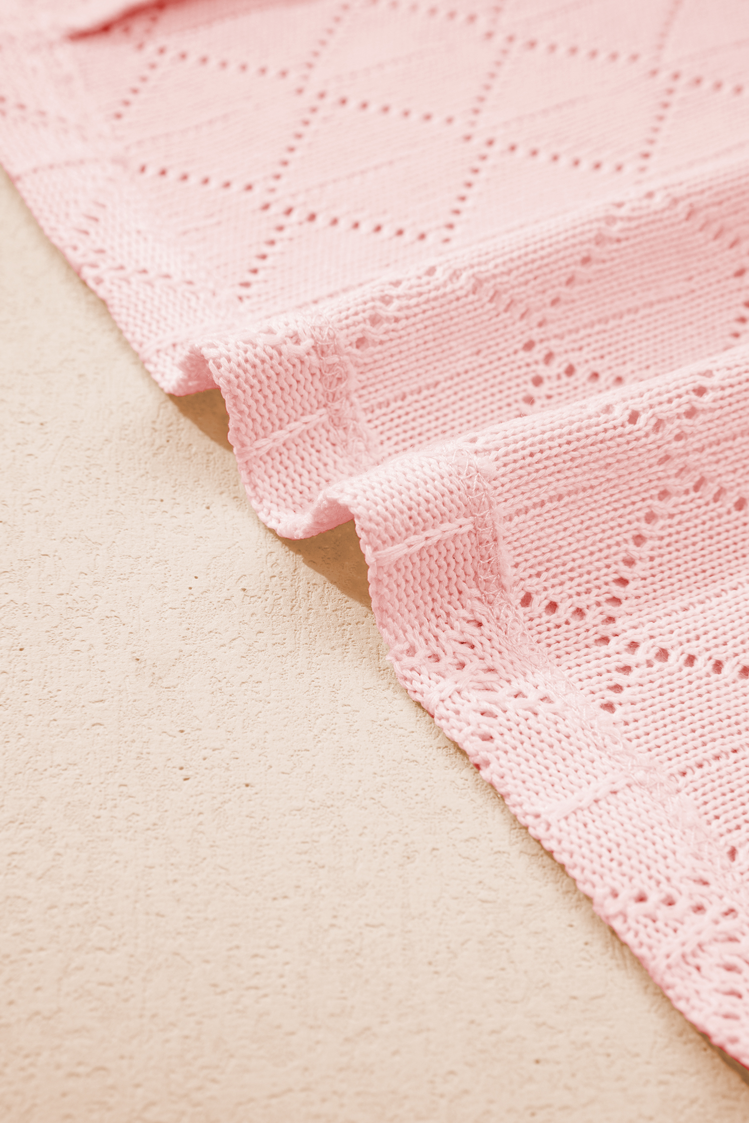 Plus Size Light Pink Pointelle Rhombus Knit  V Neck Loose Top