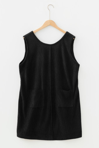 Plus Size Black  Corduroy Patch Pocket Sleeveless Mini Dress