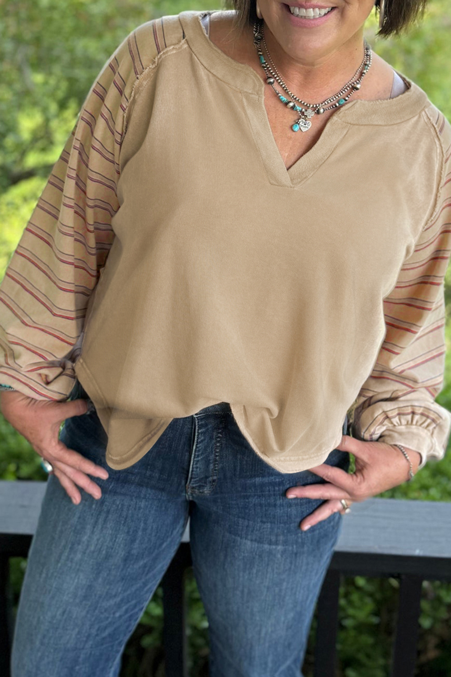 Plus Size Parchment Striped Raglan Sleeve Notched Neck Raw Edge  Jumper