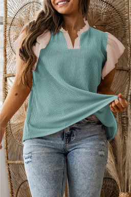 Plus Size Light Blue  Contrast Frilled Neckline Ruffled Short Sleeve Ribbed Textured Blouse