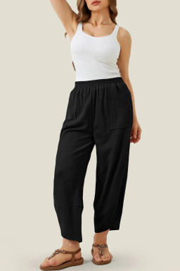 Plus Size Black  Elastic Waist Asymmetrical Hem Loose Capris Pants