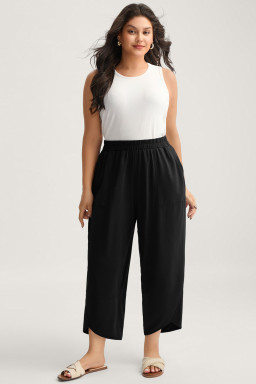 Plus Size Black  Elastic Waist Asymmetrical Hem Loose Capris Pants