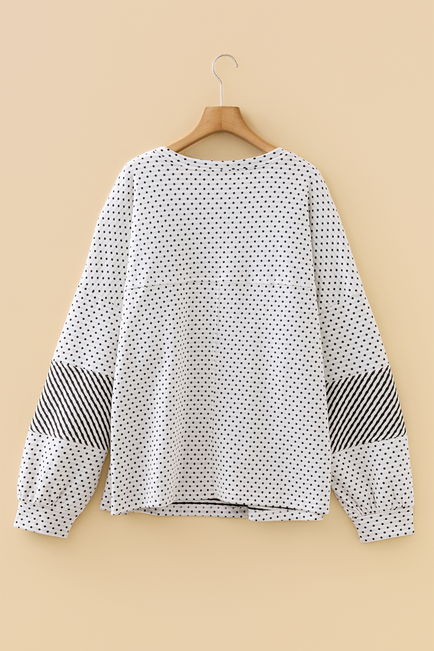 Plus Size Beige  Dot Print Striped Patchwork Long Sleeve Henley Top