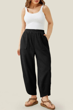 Plus Size Black  Elastic Waist Asymmetrical Hem Loose Capris Pants