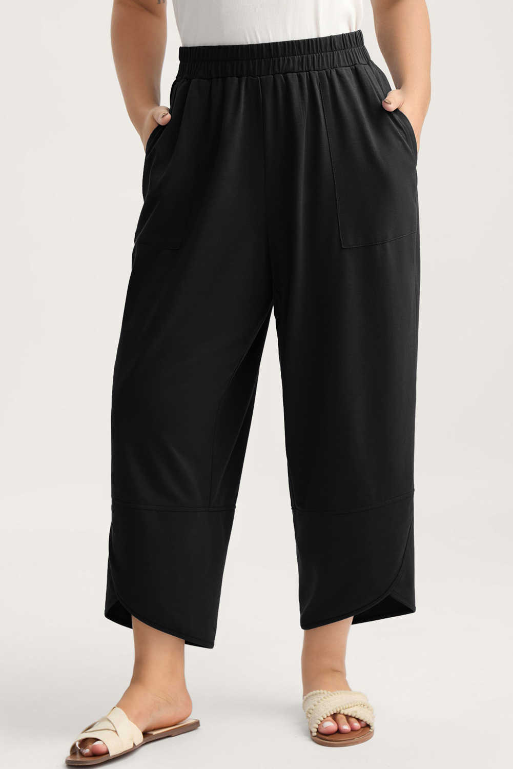 Plus Size Black  Elastic Waist Asymmetrical Hem Loose Capris Pants