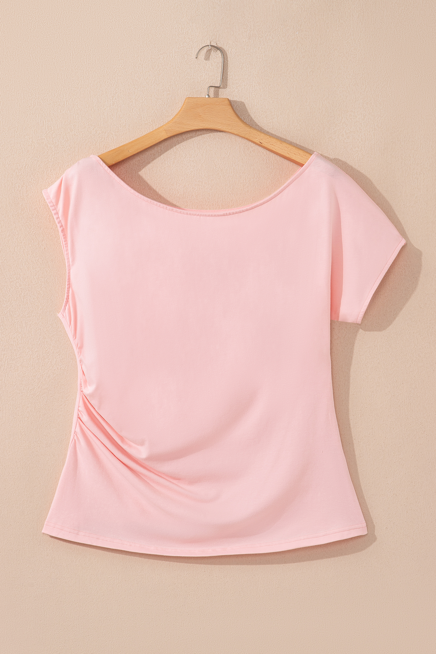 Plus Size Gossamer Pink  Solid Color Asymmetric Neck Short Sleeve Blouse