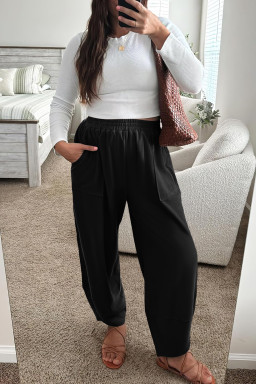 Plus Size Black  Elastic Waist Asymmetrical Hem Loose Capris Pants