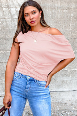 Plus Size Gossamer Pink  Solid Color Asymmetric Neck Short Sleeve Blouse