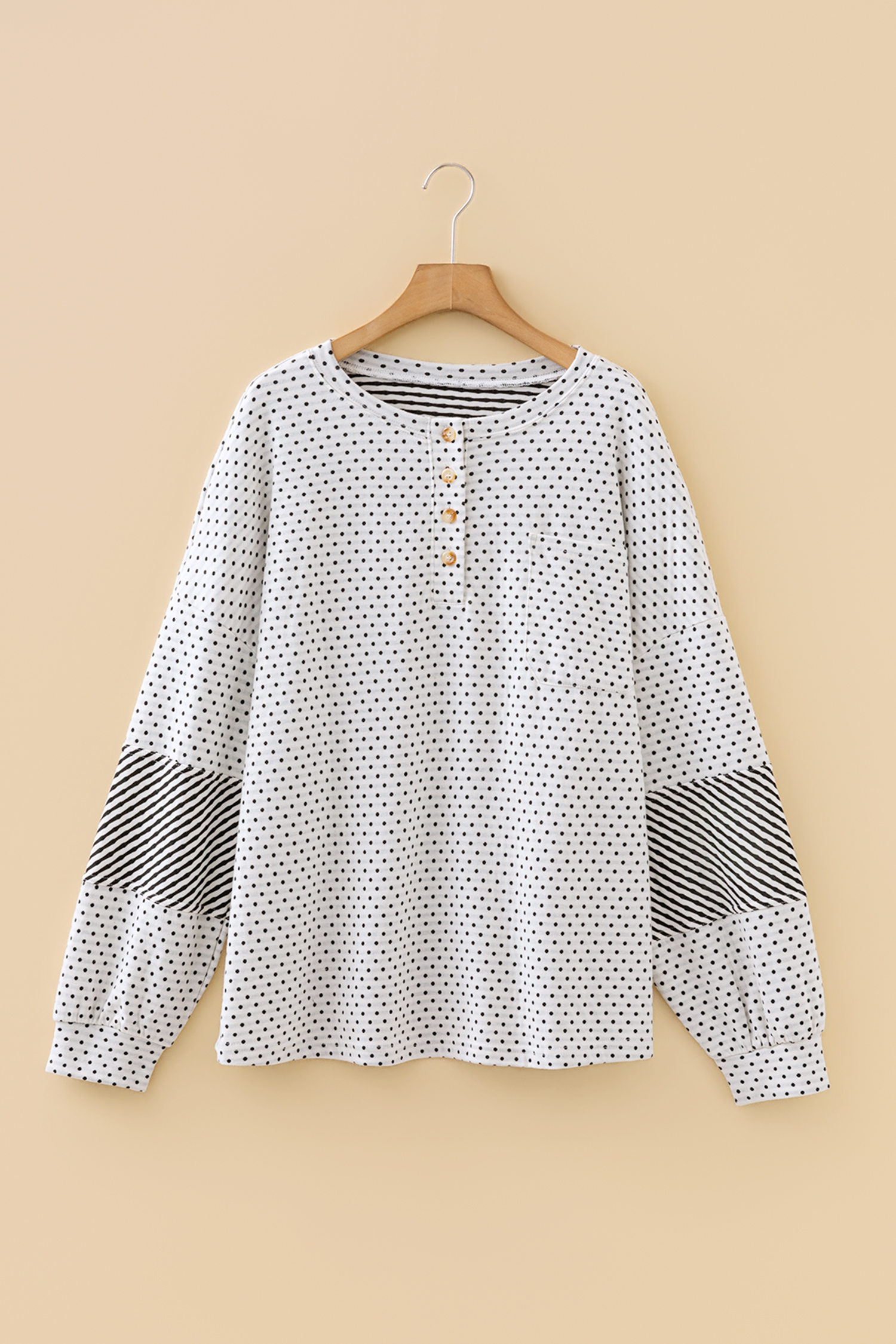 Plus Size Beige  Dot Print Striped Patchwork Long Sleeve Henley Top