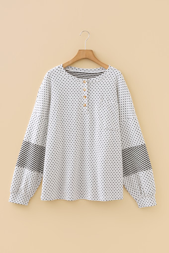 Plus Size Beige  Dot Print Striped Patchwork Long Sleeve Henley Top