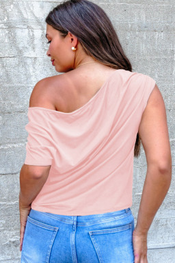 Plus Size Gossamer Pink  Solid Color Asymmetric Neck Short Sleeve Blouse