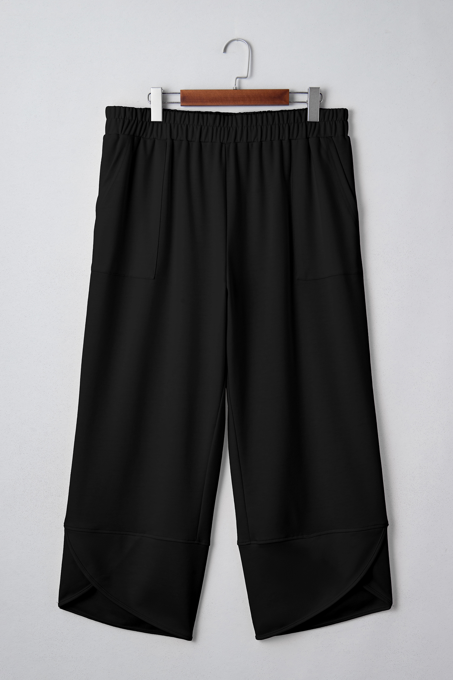 Plus Size Black  Elastic Waist Asymmetrical Hem Loose Capris Pants