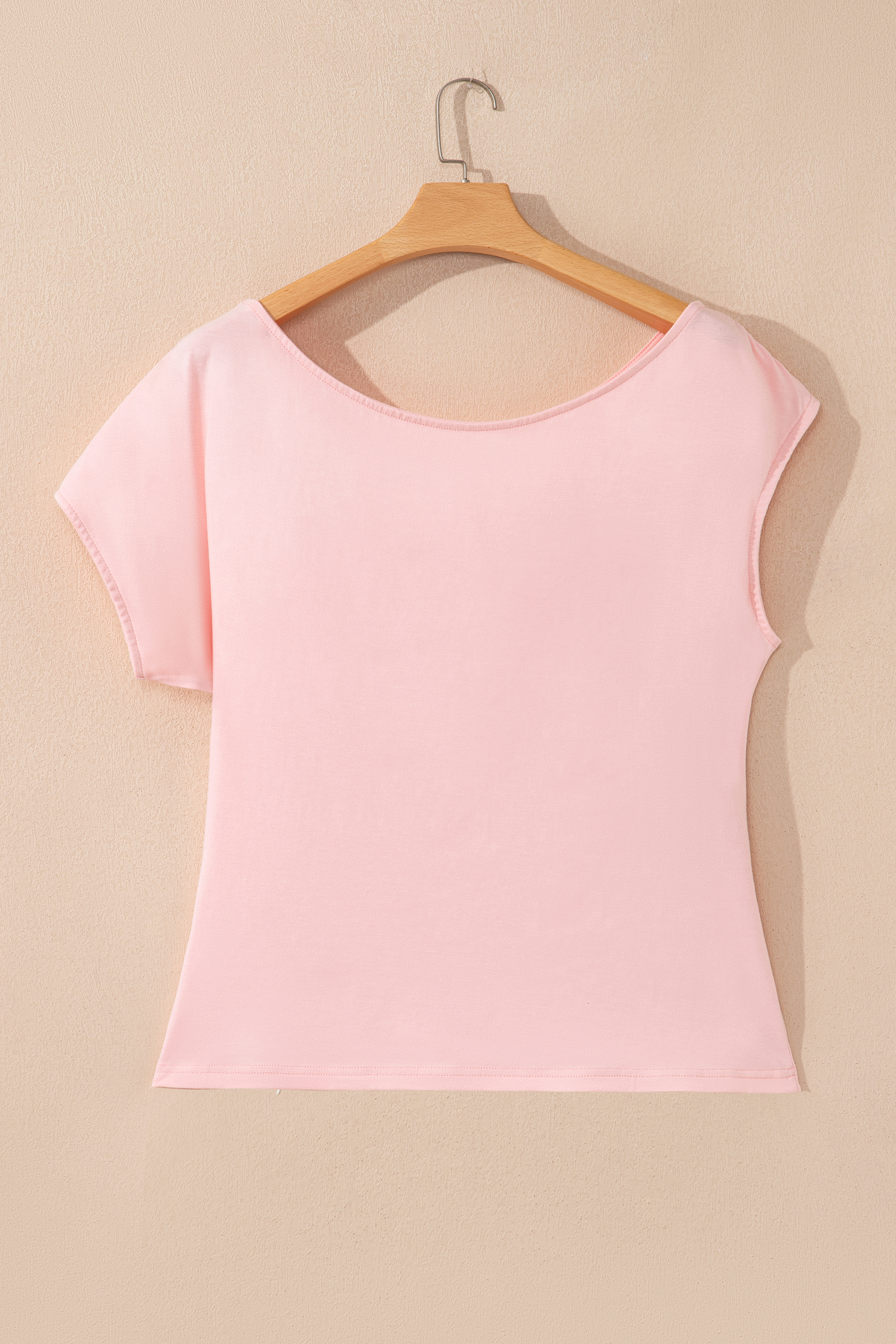 Plus Size Gossamer Pink  Solid Color Asymmetric Neck Short Sleeve Blouse