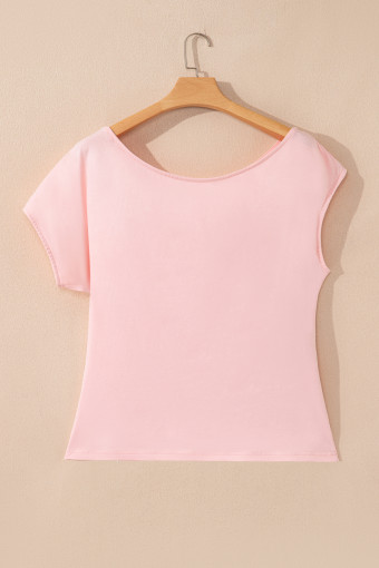 Plus Size Gossamer Pink  Solid Color Asymmetric Neck Short Sleeve Blouse