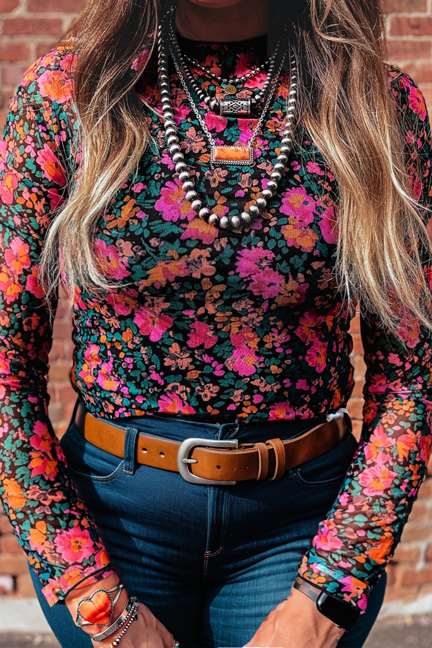 Plus Size Rose  Vintage Floral Print Mesh Long Sleeve Top