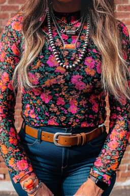 Plus Size Rose  Vintage Floral Print Mesh Long Sleeve Top