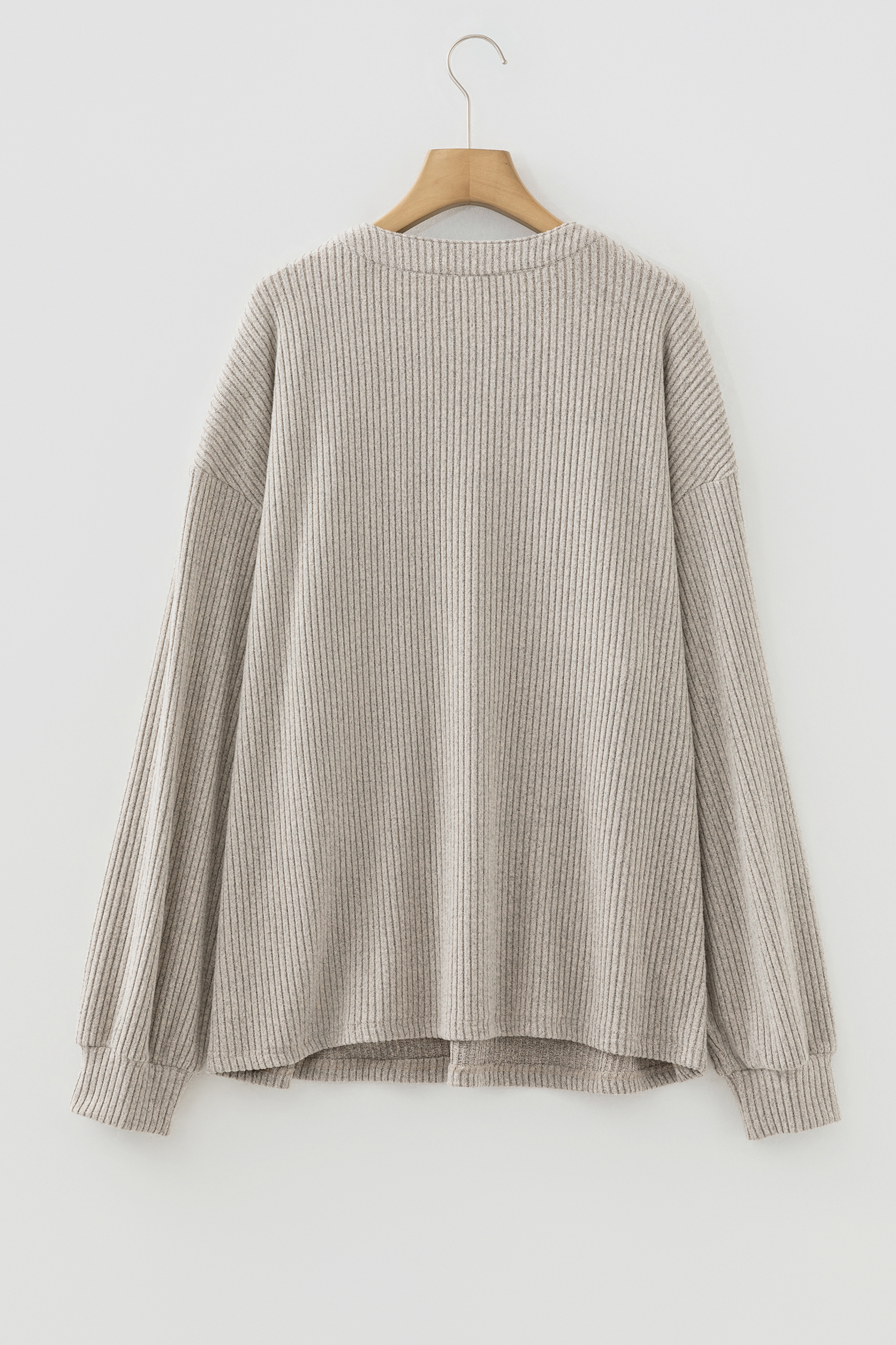 Plus Size Simply Taupe  Ribbed Knit Kangaroo Pocket Henley Long Sleeve Top