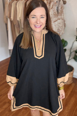 Plus Size Black  Color Block Striped Trim V Neck Long Sleeve Shift Mini Dress