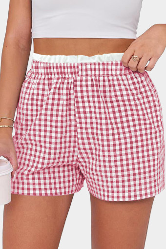 Plus Size Pink Contrast Trim Plaid Print  Shorts