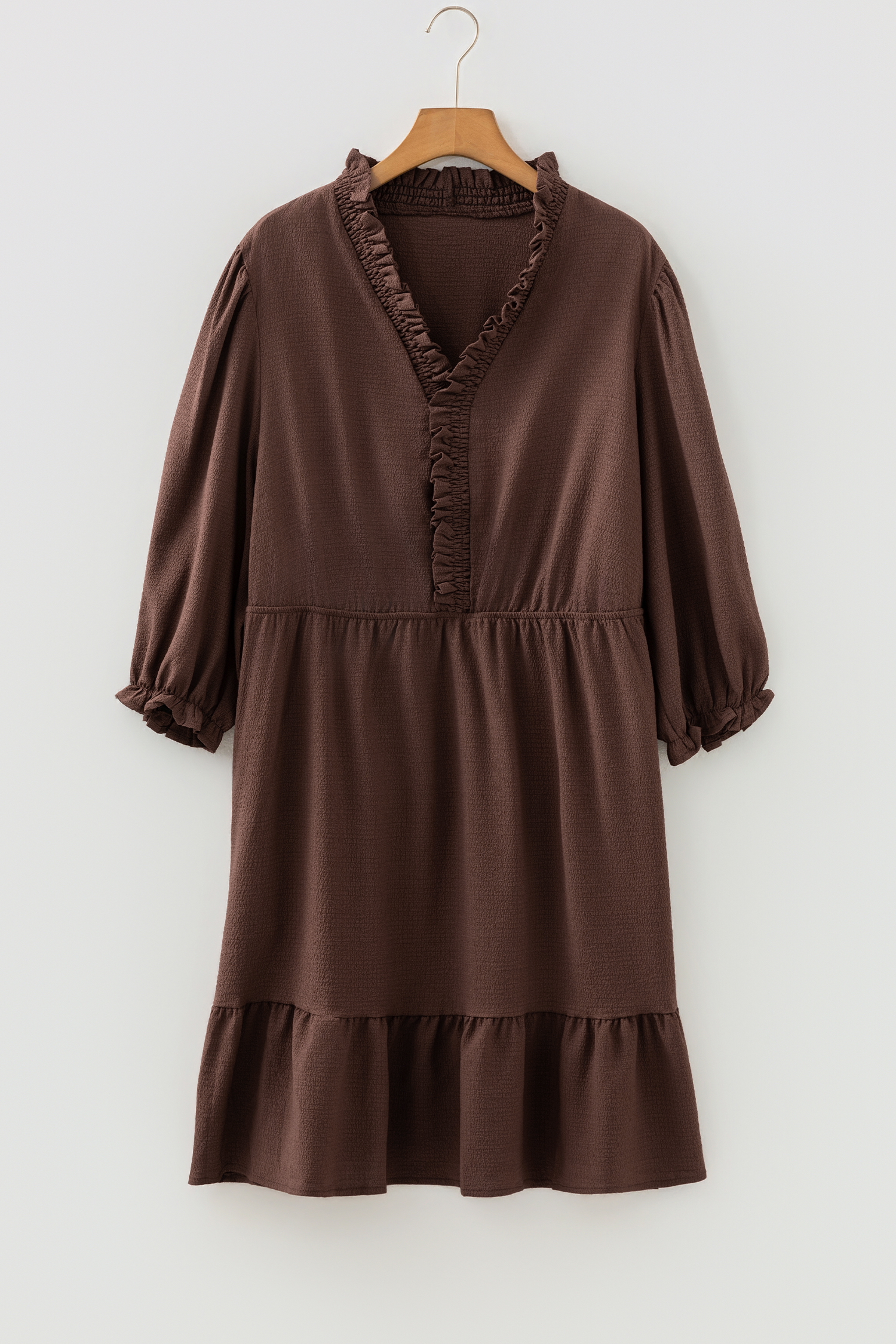 Plus Size Coffee  Frilled Trim V Neck Puff Sleeve Textured Mini Dress