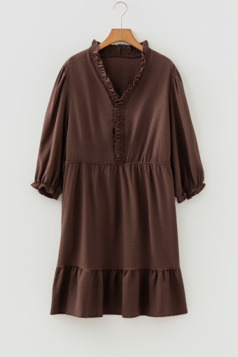 Plus Size Coffee  Frilled Trim V Neck Puff Sleeve Textured Mini Dress